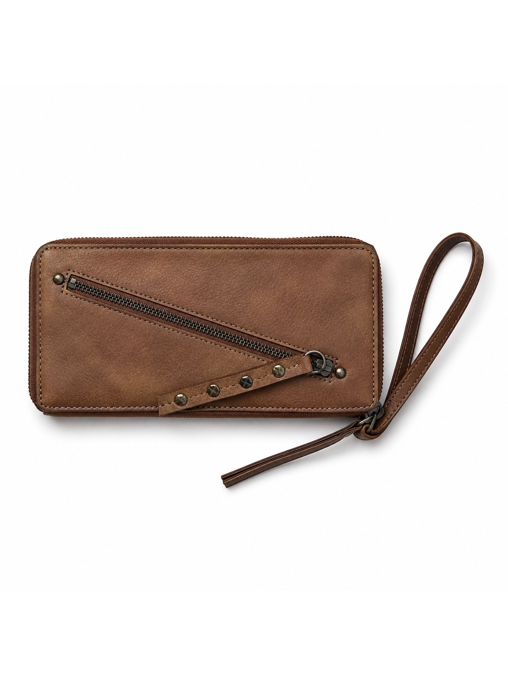 Free People Vegan Leather Wristlet Wallet Brown Studded Zip Around Boho